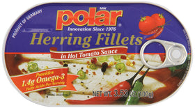 MW Polar herring in hot tomato sauce can closeup for quick meals