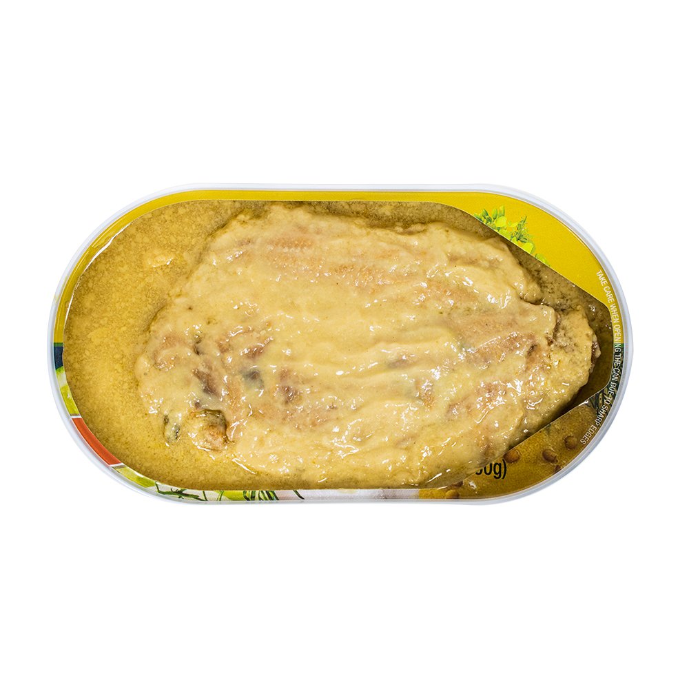 Herring fillet texture shown in mustard sauce