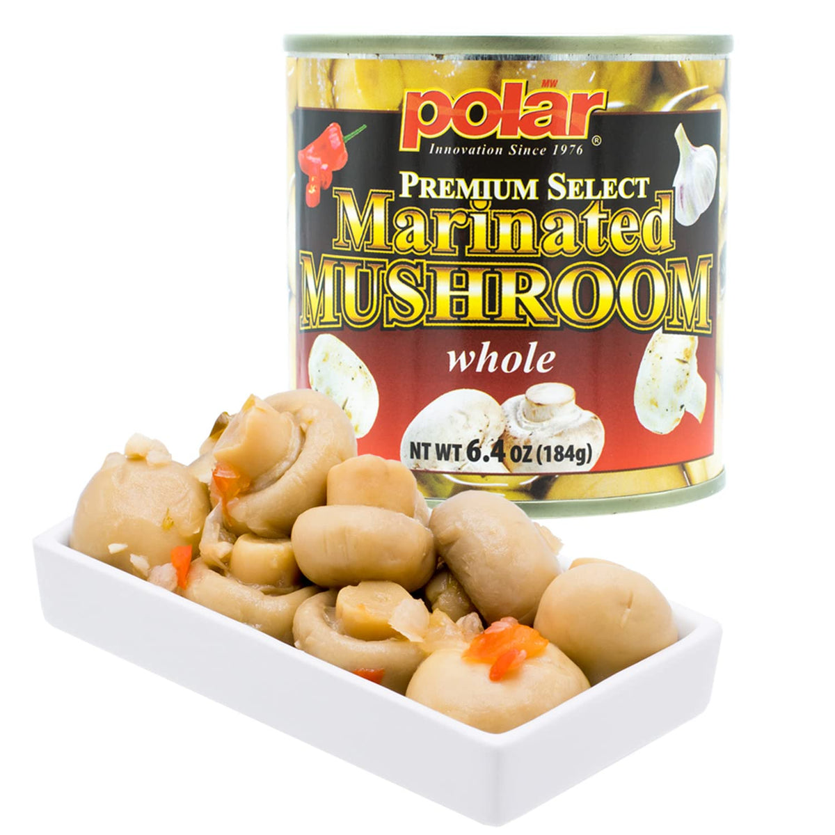 MW Polar Premium Select Whole Marinated Mushrooms jar close-up showing natural ingredients and savory flavor