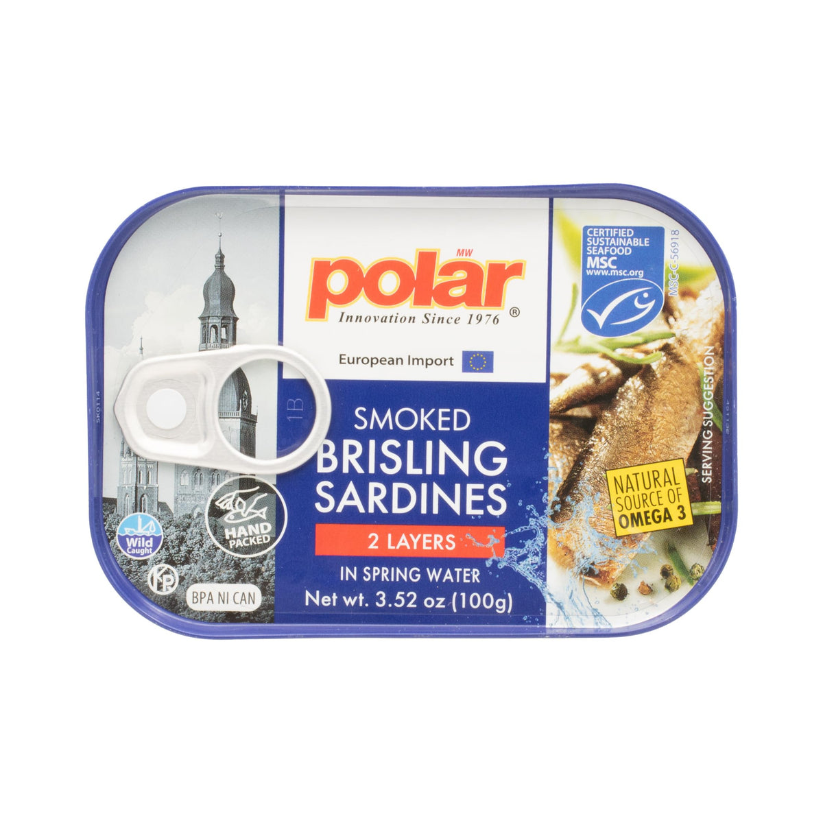 MW Polar smoked brisling sardines in spring water can; ready-to-eat protein for quick meals.