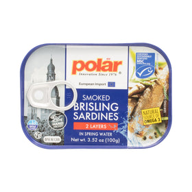 MW Polar smoked brisling sardines in spring water can; ready-to-eat protein for quick meals.