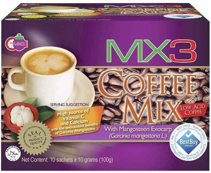 MX3 Mangosteen Coffee Mix sachets in package for a sugar-free morning pick-me-up