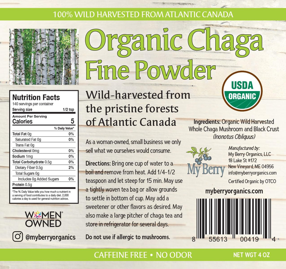 My Berry chaga powder tea brew illustrates steeping like loose-leaf for caffeine-free cups.