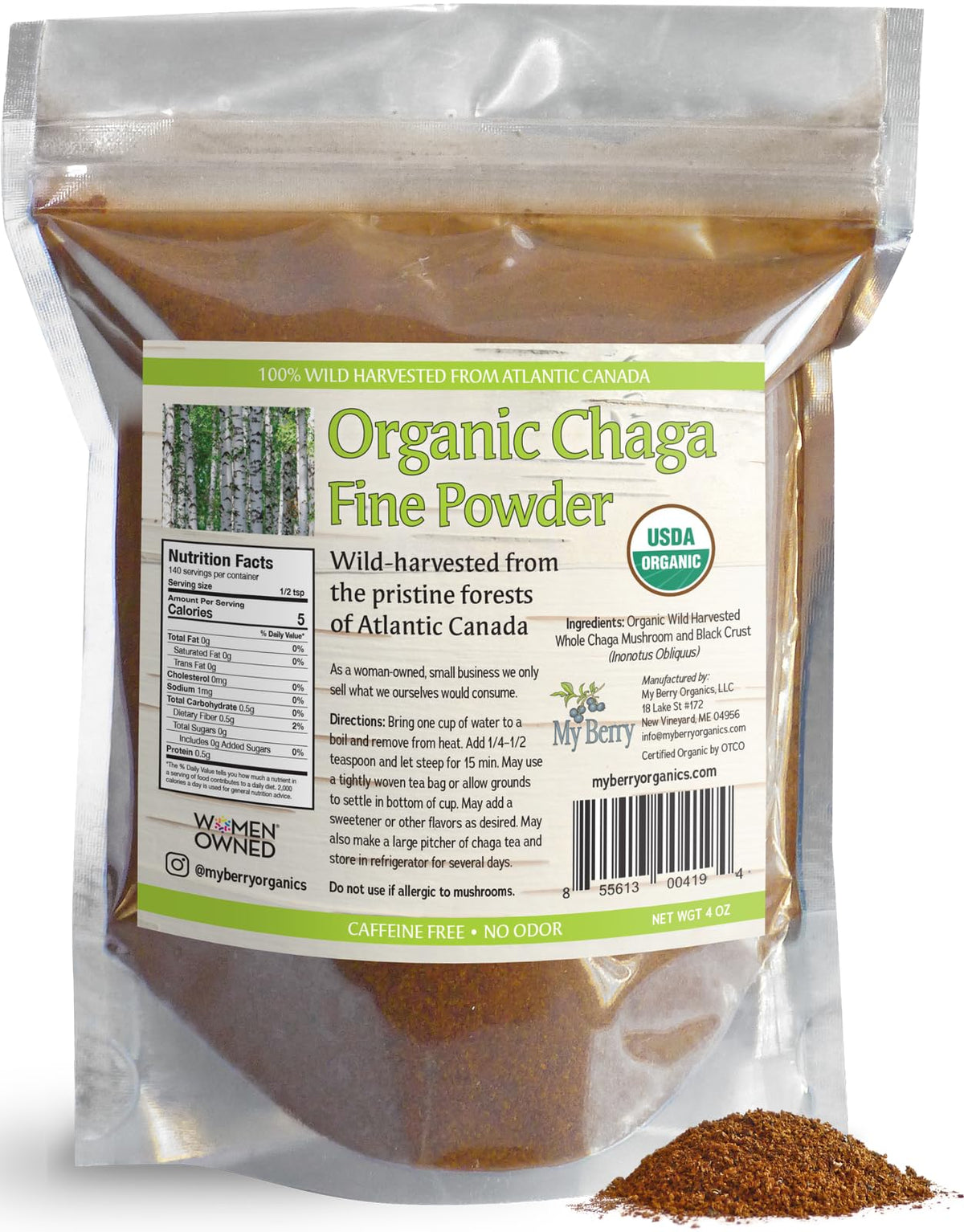 My Berry chaga powder jar close-up shows pure wild-harvested quality for daily teas.