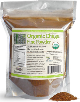 My Berry chaga powder jar close-up shows pure wild-harvested quality for daily teas.