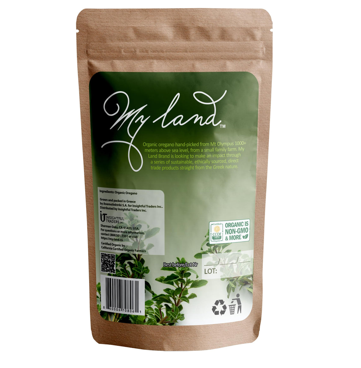 Organic-certified MY LAND oregano label shown on kitchen counter