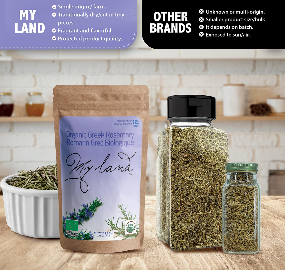 MY LAND rosemary closeup captures piney aroma and herb texture.