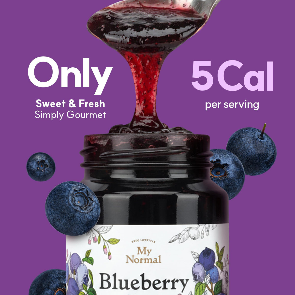 Close-up of My Normal Blueberry Jam ingredients: blueberries, allulose, pectin, citric acid.