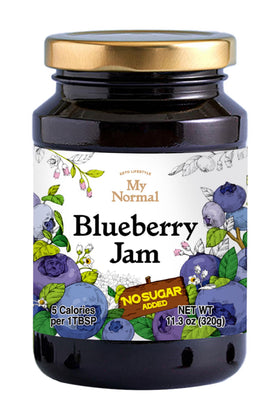 My Normal Blueberry Jam jar front highlighting 55% wild blueberries for natural flavor.