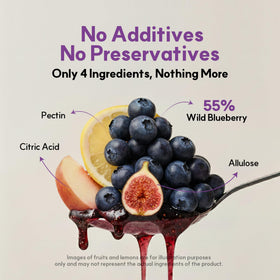 My Normal Blueberry Jam being poured to reveal a glossy, berry-rich texture.