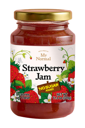My Normal No Sugar Strawberry Jam jar front view highlighting branding and color