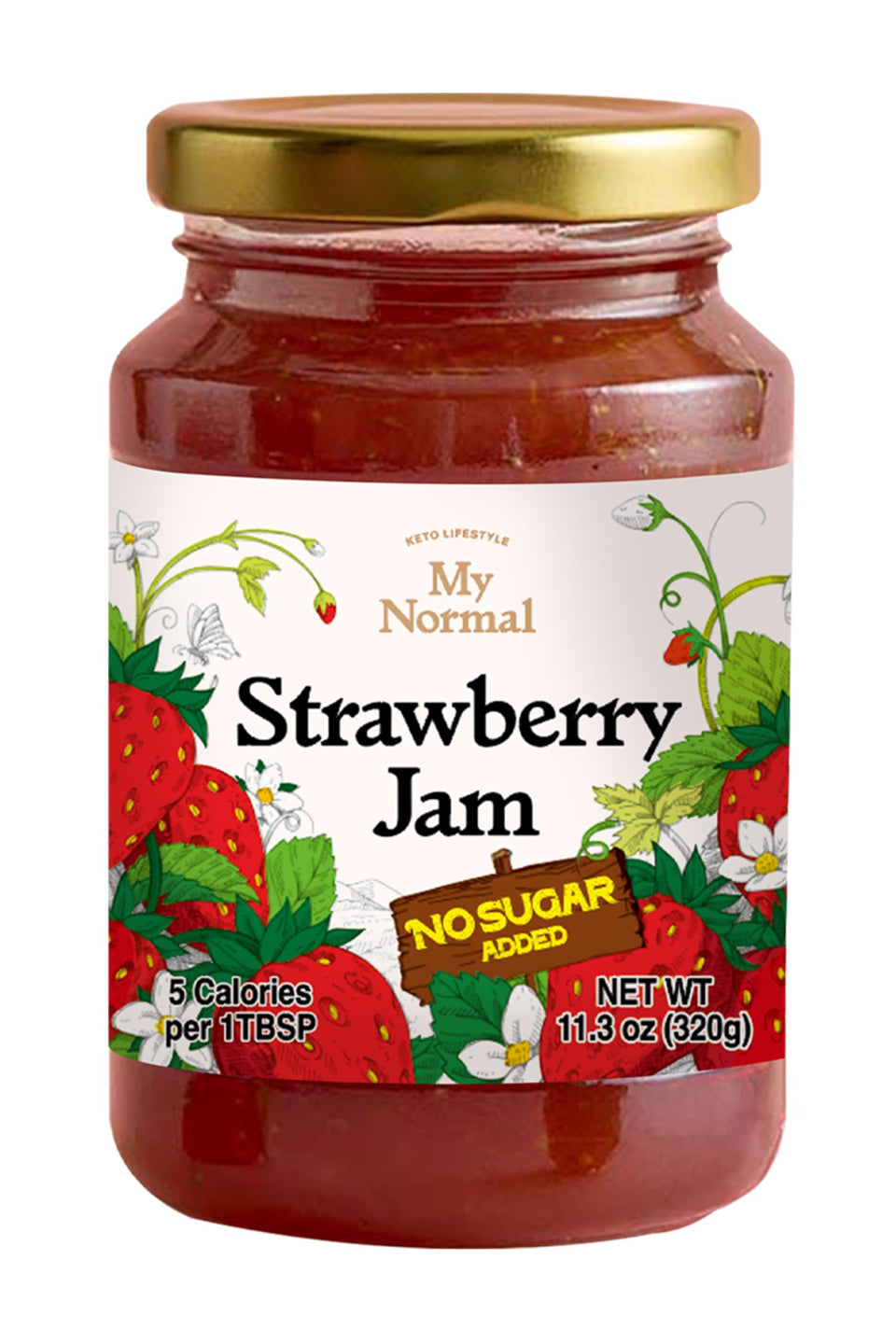 My Normal No Sugar Strawberry Jam jar front view highlighting branding and color