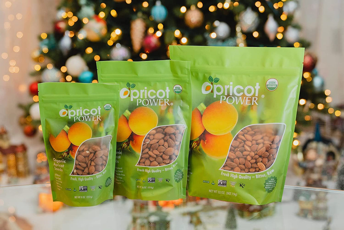 My Power Seeds organic bitter raw apricot seeds bag open close-up highlights natural texture for trail mixing
