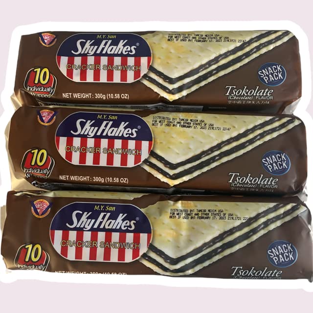 M.Y. San SkyFlakes chocolate cracker sandwich on-pack shot, ideal quick snack for busy days.