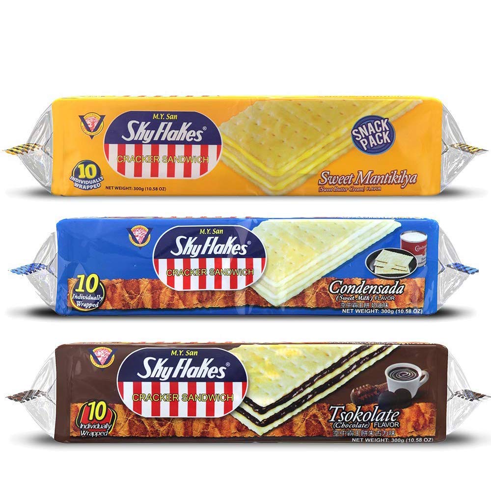 M.Y. San SkyFlakes sandwich packshot shows three flavors for versatile snacking.