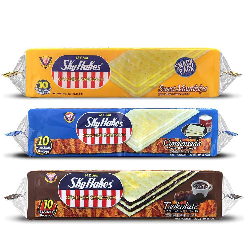 M.Y. San SkyFlakes sandwich packshot shows three flavors for versatile snacking.