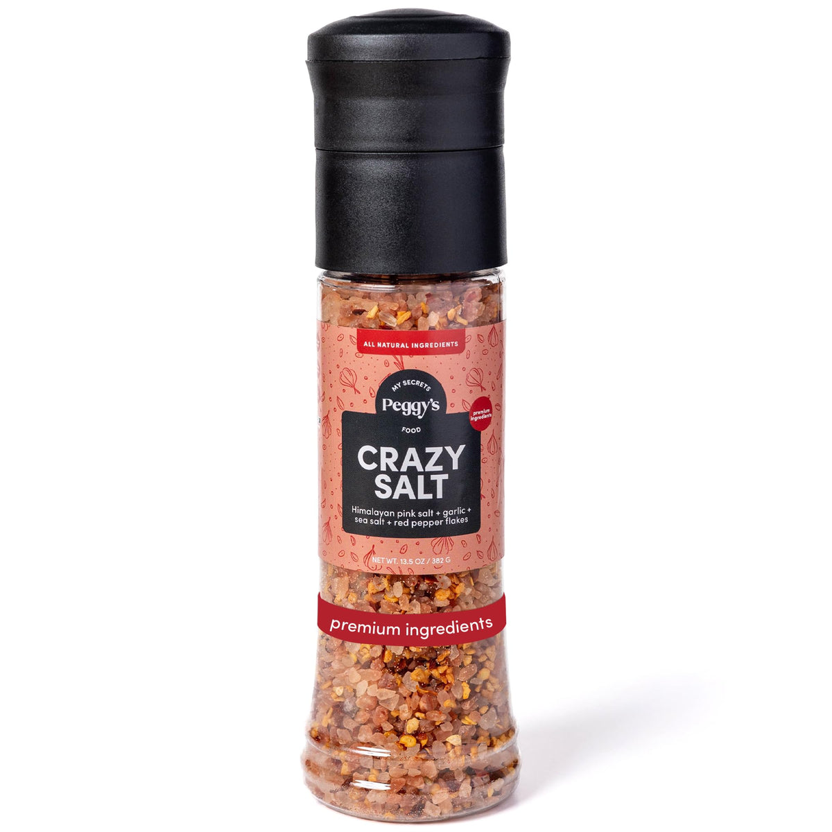 MY SECRETS PEGGY'S FOOD Crazy Salt bottle-pour shows convenient, even seasoning with a fine-grain blend.