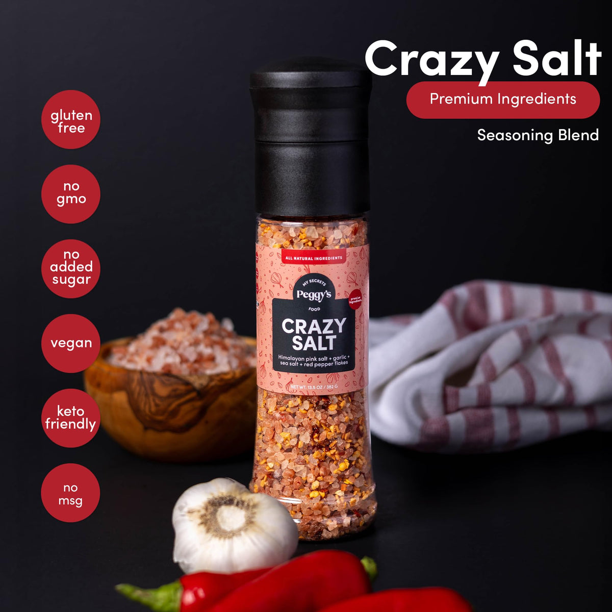 MY SECRETS PEGGY'S FOOD Crazy Salt garlic and red pepper closeup suggests bold aroma and subtle heat.