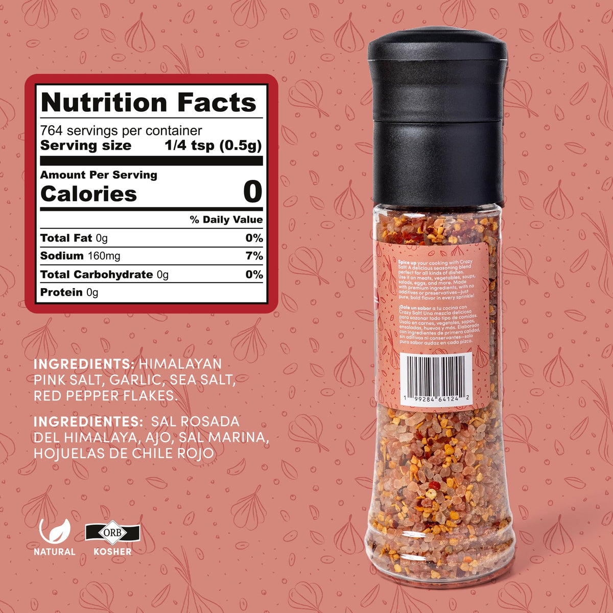 MY SECRETS PEGGY'S FOOD Crazy Salt shaker on table demonstrates versatile finishing salt for grilled dishes.