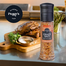 MY SECRETS PEGGY'S FOOD Crazy Salt on vegetables and pasta enhances natural sweetness and texture.