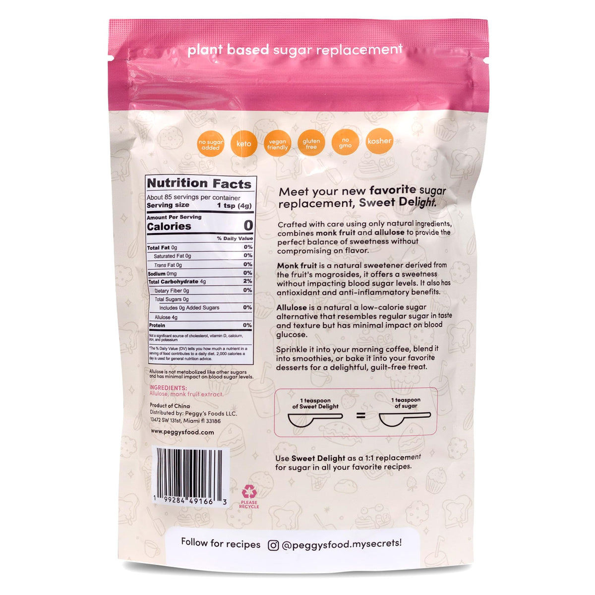 My Secrets Peggy’s Food granulated sweetener packet dissolves easily in drinks