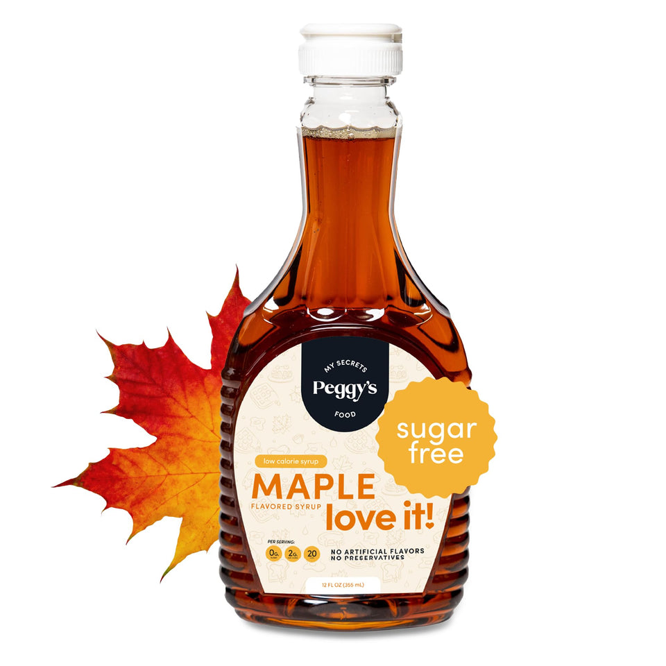 My Secrets Peggy's Food Keto Maple Syrup bottle pouring on pancakes with rich maple flavor.
