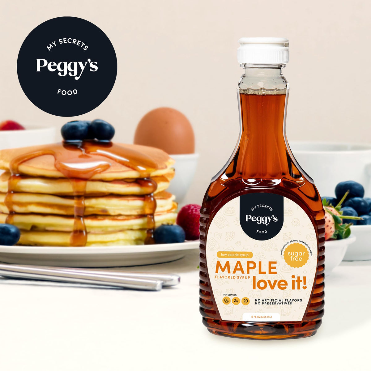 My Secrets Peggy's Food maple syrup glaze enhances desserts and baking with natural sweetness.
