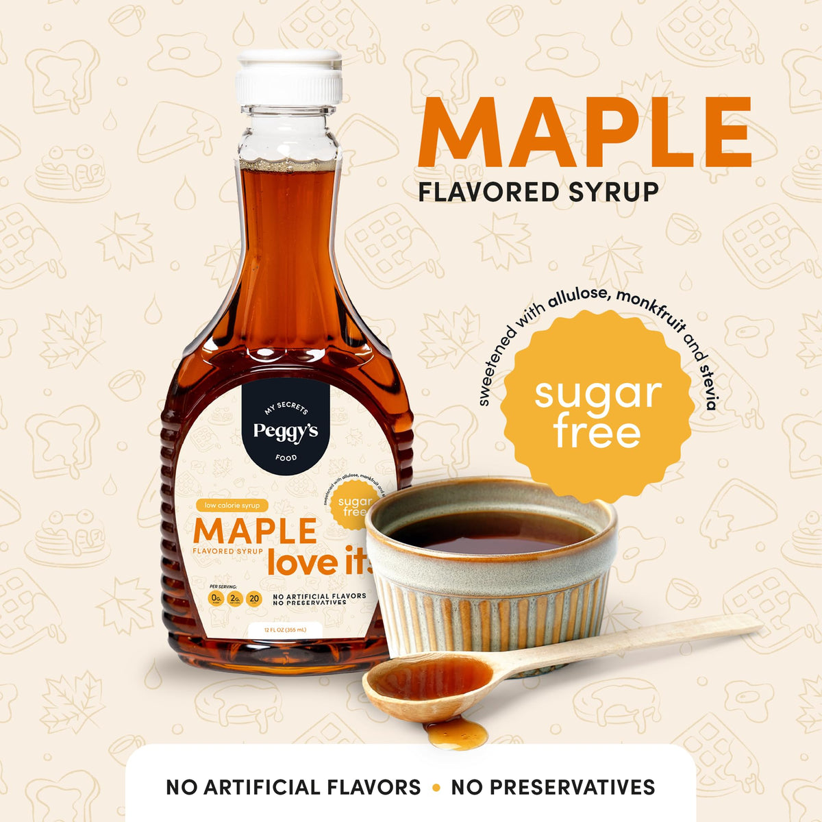 My Secrets Peggy's Food maple syrup drizzle over oats showing smooth texture and low-cal sweetness.