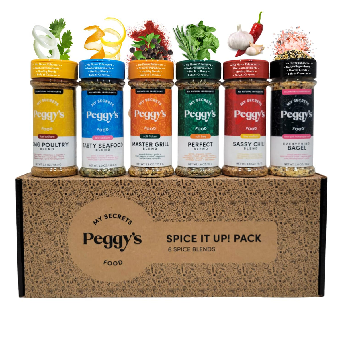 MY SECRETS PEGGY'S FOOD Spice It Up Pack collection of six labeled jars for easy seasoning.