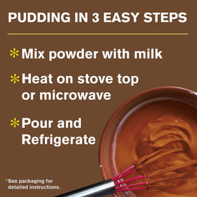 Packaging of My-T-Fine Pudding box emphasizes shelf-stable convenience.