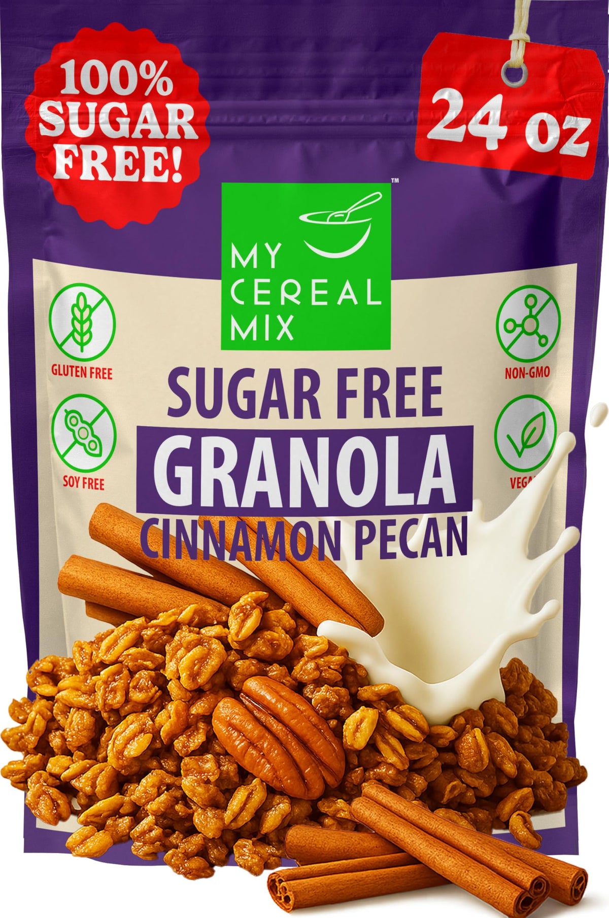 MyCerealMix Sugar Free Cinnamon Pecan Granola bag for a low-sugar breakfast option
