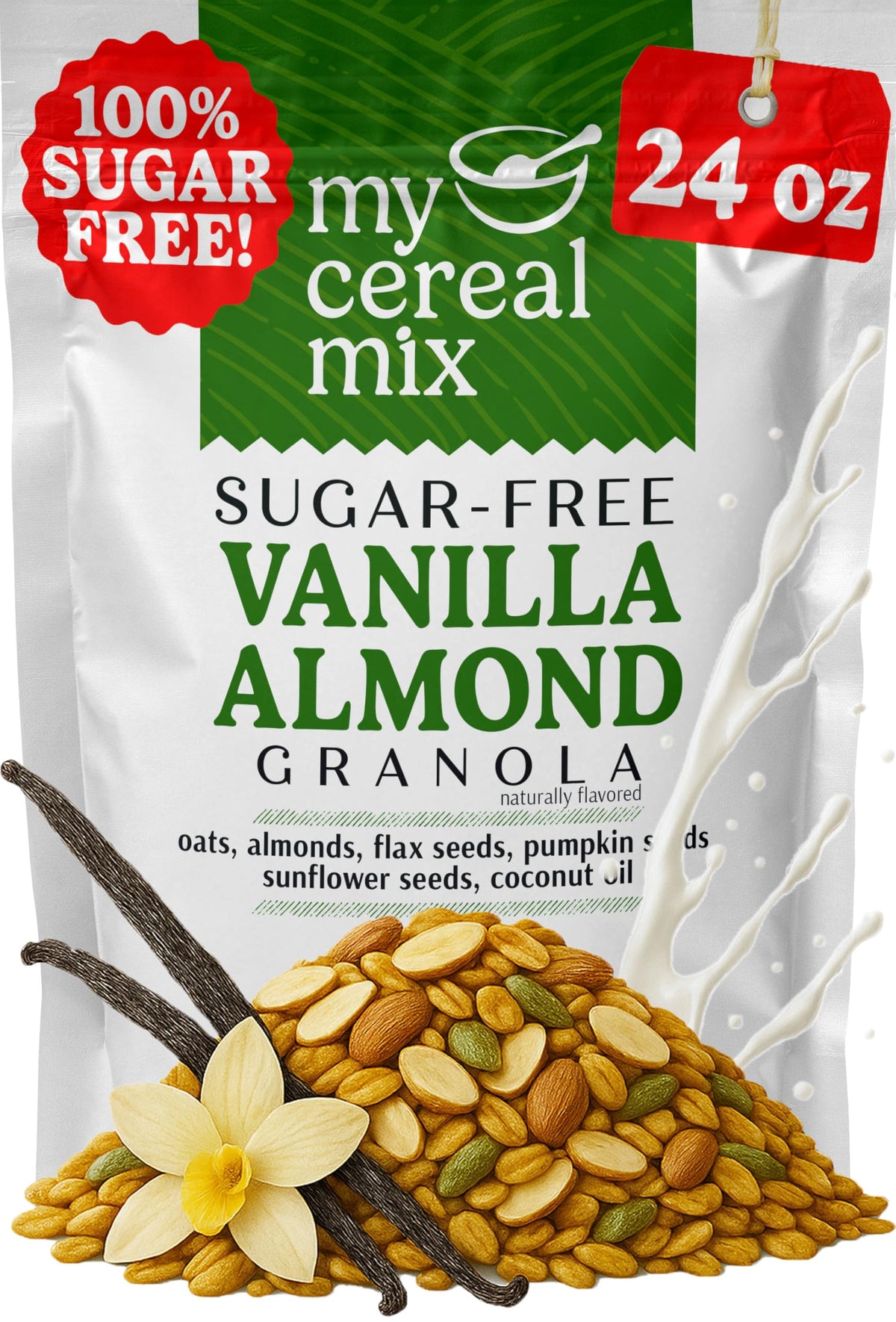 MyCerealMix Sugar Free Granola Vanilla Almond bag, 24oz family pack for quick breakfasts