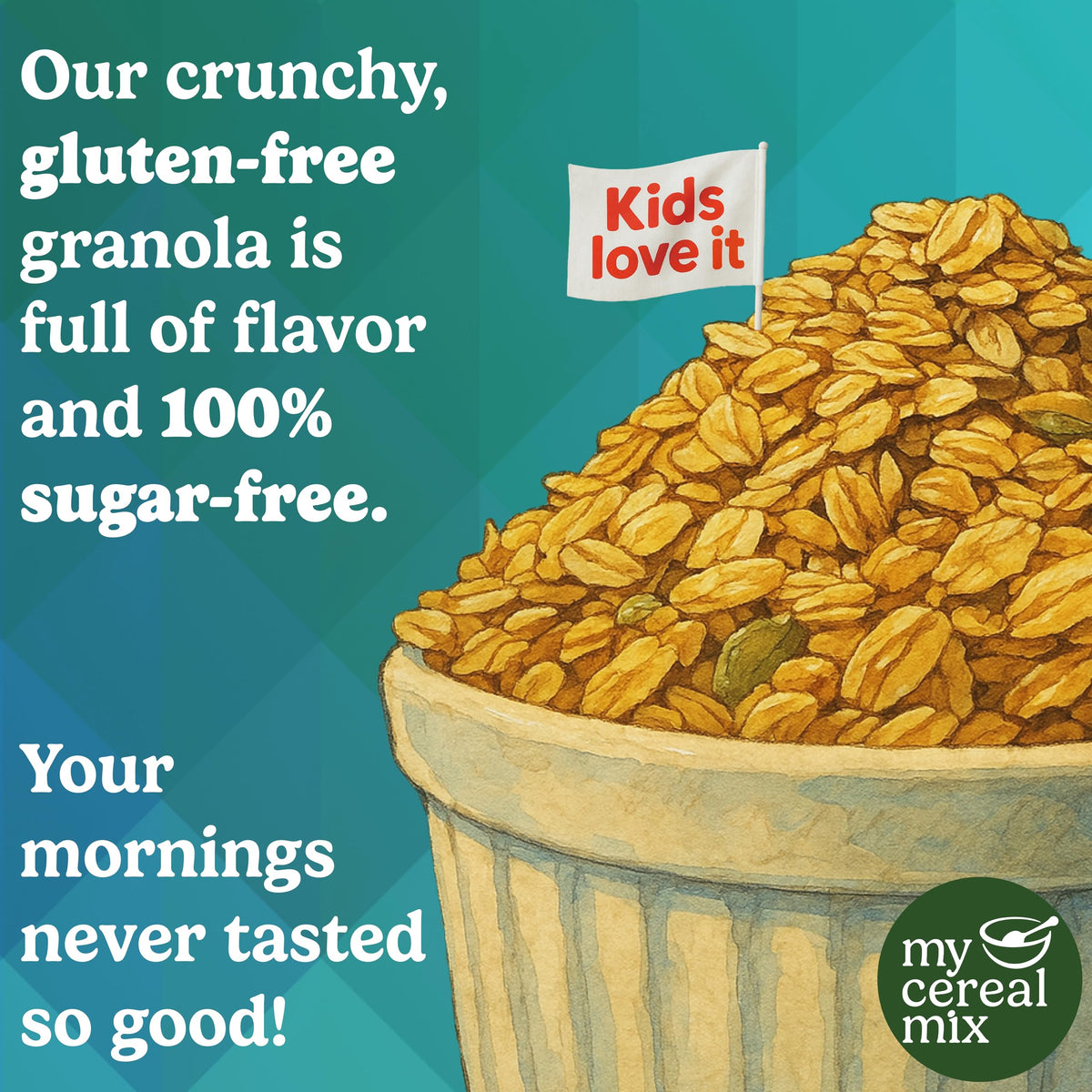MyCerealMix Sugar Free Granola Vanilla Almond packaging highlights clean ingredients and zero added sugar