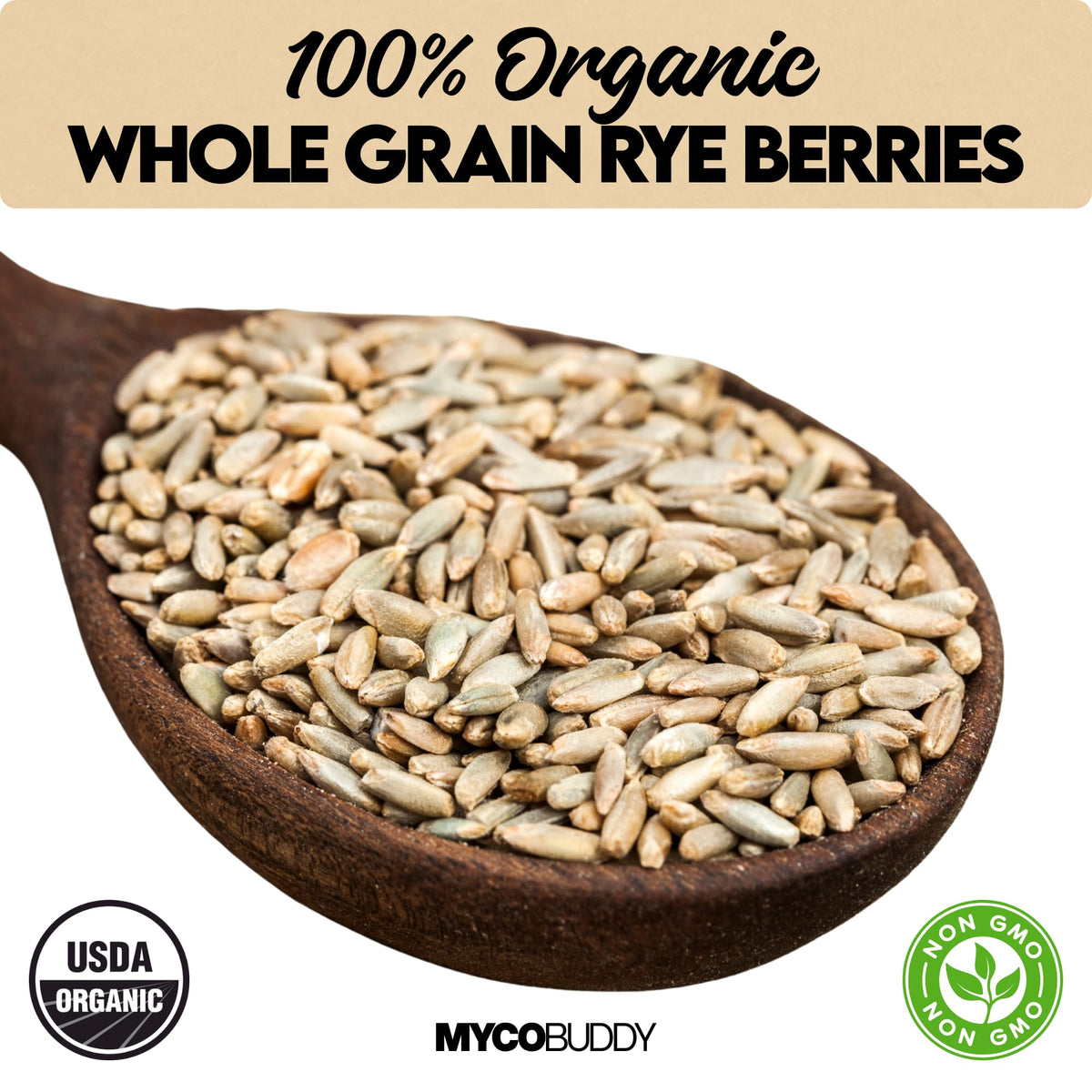 Myco Buddy rye berries closeup showing fiber-rich grains for wholesome meals.