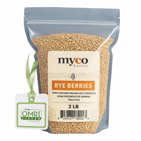 Mycology Basics Bulk Rye Berries in resealable packaging for easy storage and long freshness.