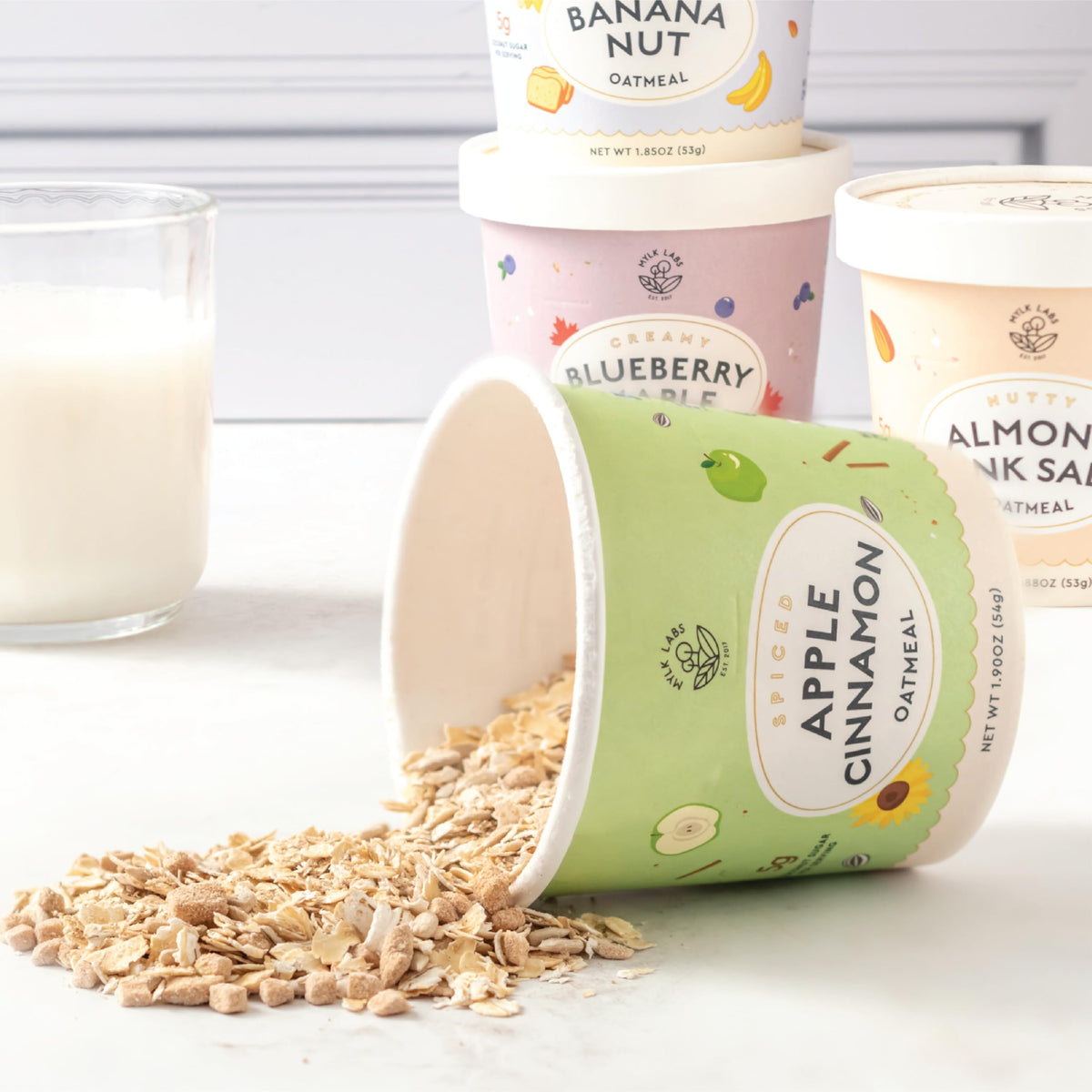 MYLK LABS Apple Cinnamon Oatmeal Cup gluten-free vegan label visible