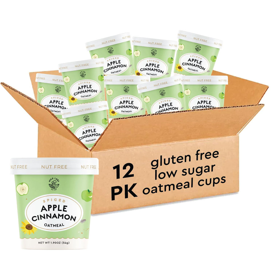 MYLK LABS Apple Cinnamon Oatmeal Cup served warm for a protein-rich, on-the-go breakfast