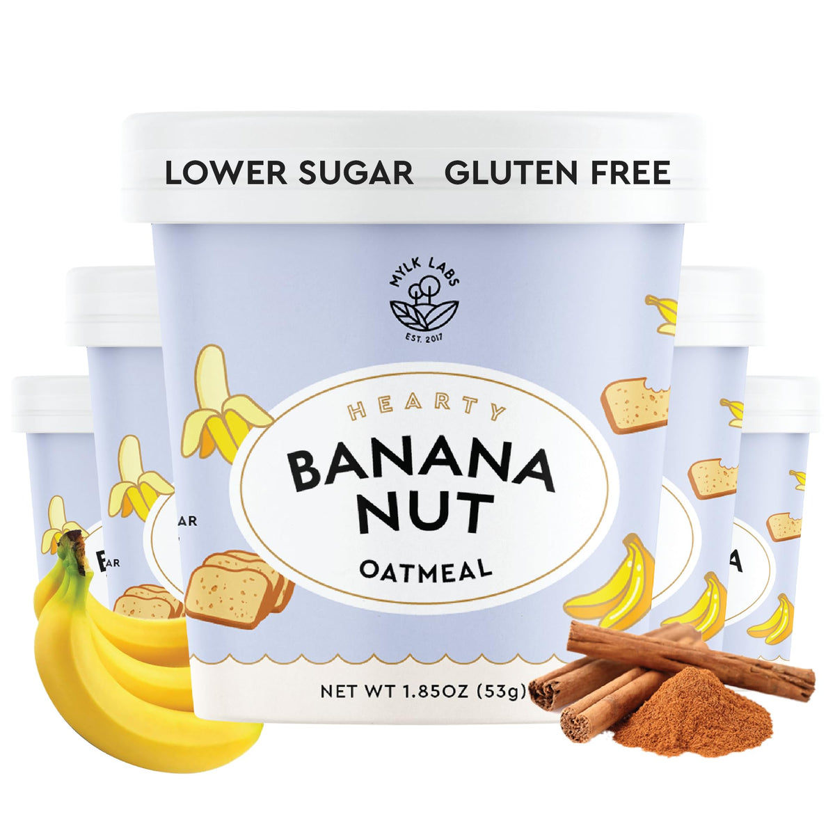 Mylk Labs Banana Nut Oatmeal Cup front view, a convenient on-the-go breakfast