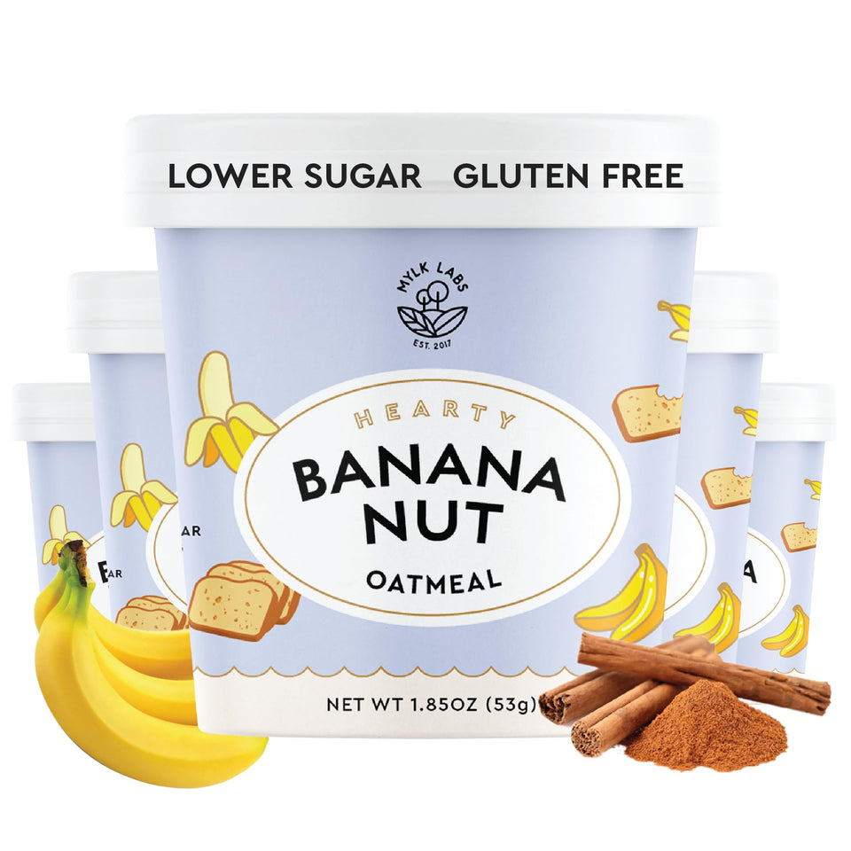 Mylk Labs Banana Nut Oatmeal Cup front view, a convenient on-the-go breakfast