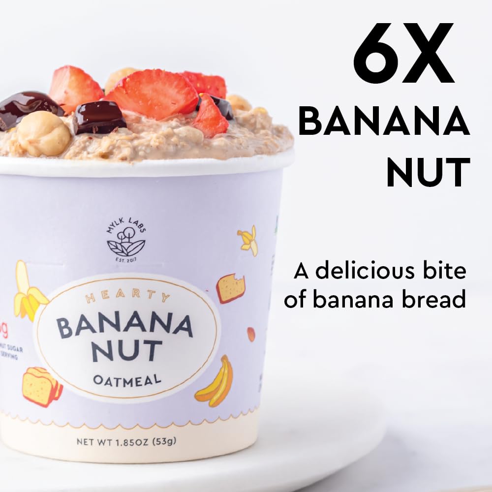 Mylk Labs Banana Nut Oatmeal Cup ingredients close-up showing oats and banana