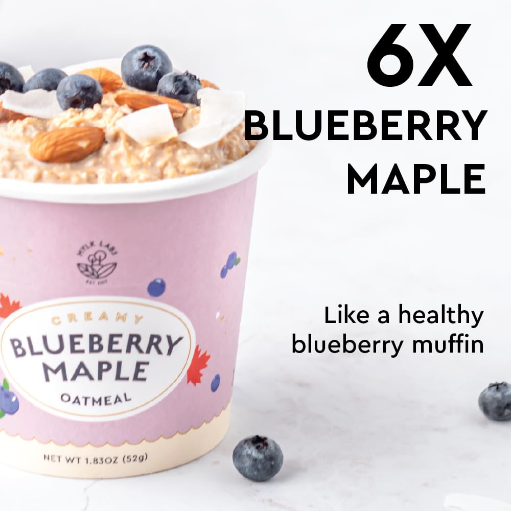 MYLK LABS Blueberry Maple Protein Oatmeal Cup ingredients closeup highlights oats and real fruit.
