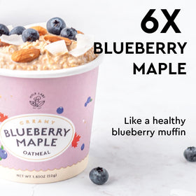 MYLK LABS Blueberry Maple Protein Oatmeal Cup ingredients closeup highlights oats and real fruit.