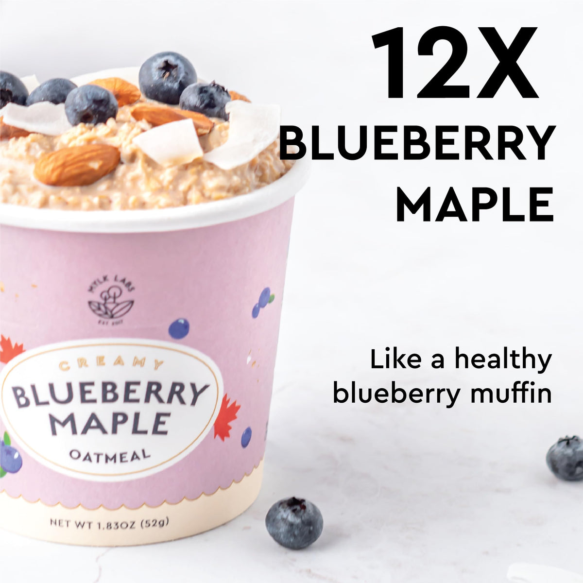 MYLK LABS Blueberry Maple Oatmeal Cup ingredients closeup with real blueberries and oats.
