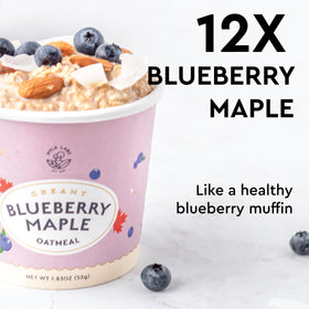 MYLK LABS Blueberry Maple Oatmeal Cup ingredients closeup with real blueberries and oats.