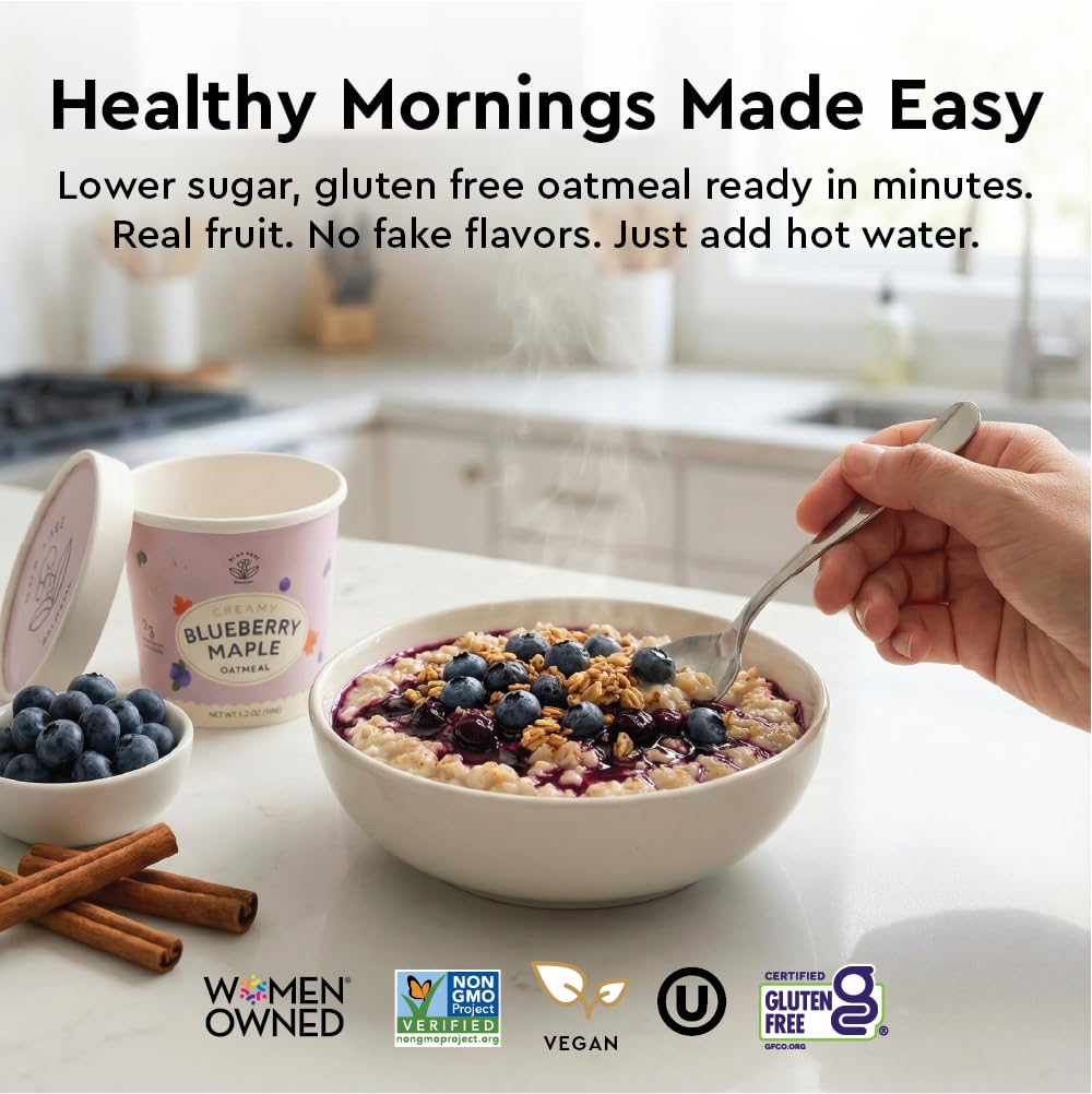 MYLK LABS Blueberry Maple Protein Oatmeal Cup oats rolled texture closeup suggests hearty bite.