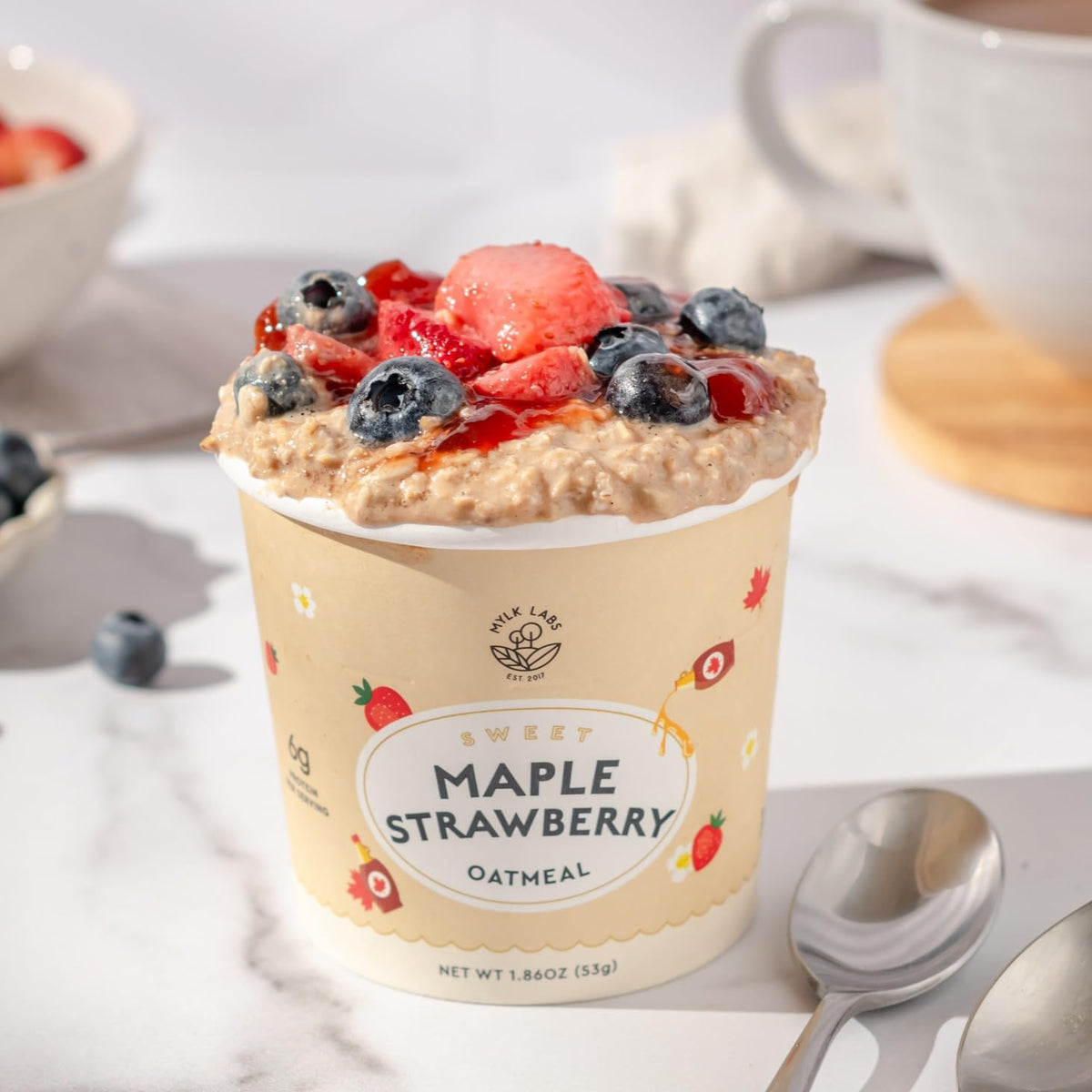 Overnight oats preparation with Mylk Labs Maple Strawberry Oatmeal Cup