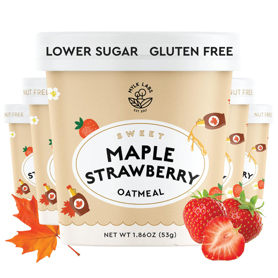 Mylk Labs Maple Strawberry Oatmeal Cup packaging highlights gluten-free and vegan labeling for quick mornings