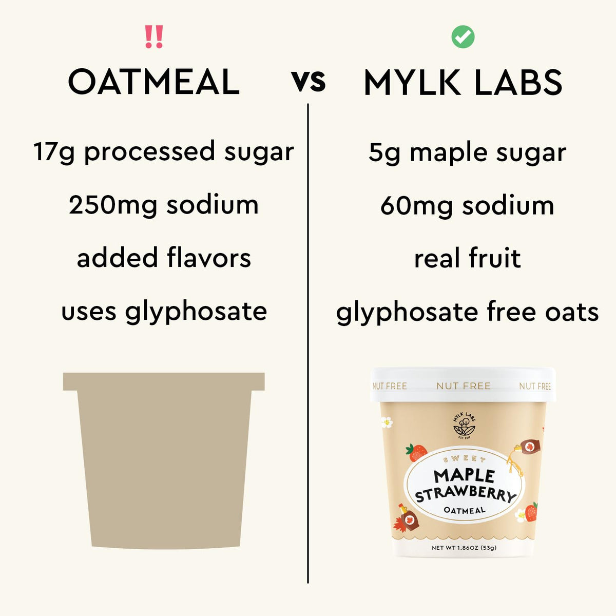 Steaming mug beside Mylk Labs Maple Strawberry Oatmeal Cup, ready in minutes