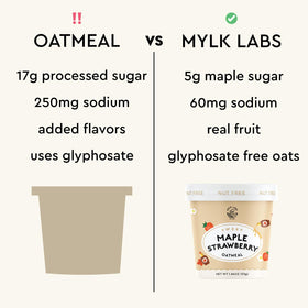 Steaming mug beside Mylk Labs Maple Strawberry Oatmeal Cup, ready in minutes