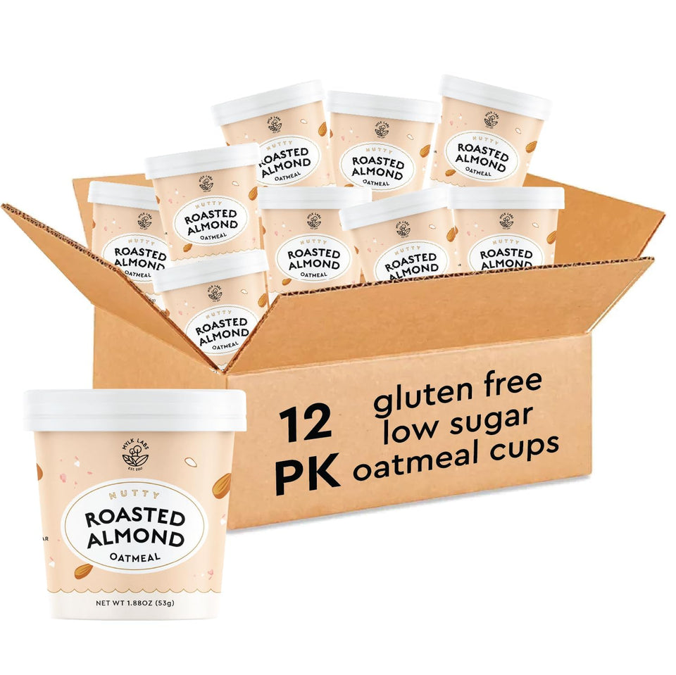 MYLK LABS Roasted Almond Oatmeal Cup ingredients show oats and real fruit for a wholesome breakfast.